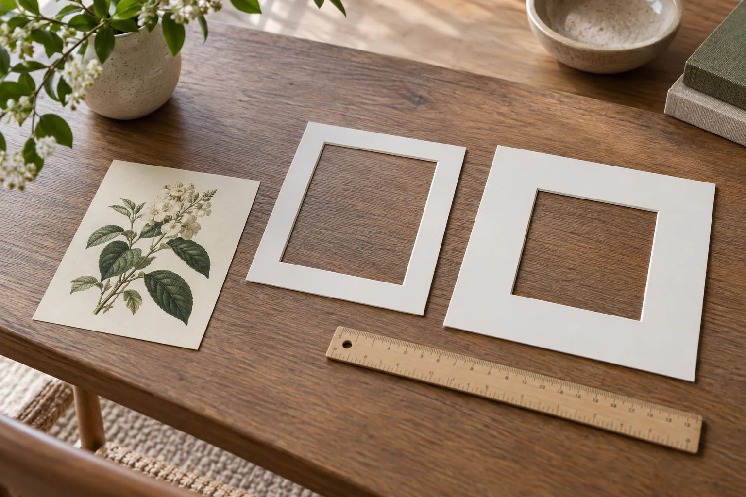 Small botanical print beside two white picture-mat samples and a ruler