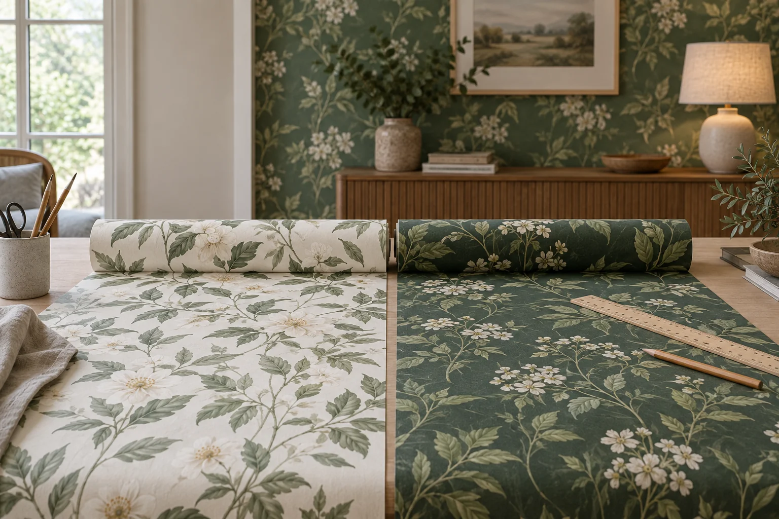 Botanical wallpaper in two colors beside a ruler and pencil on a table