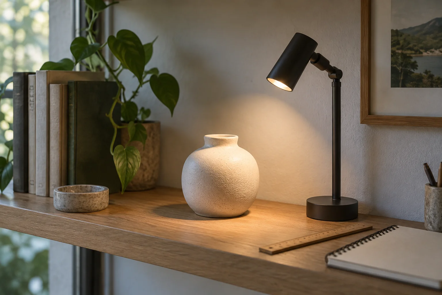 Accent lamp illuminating a ceramic object in a calm room