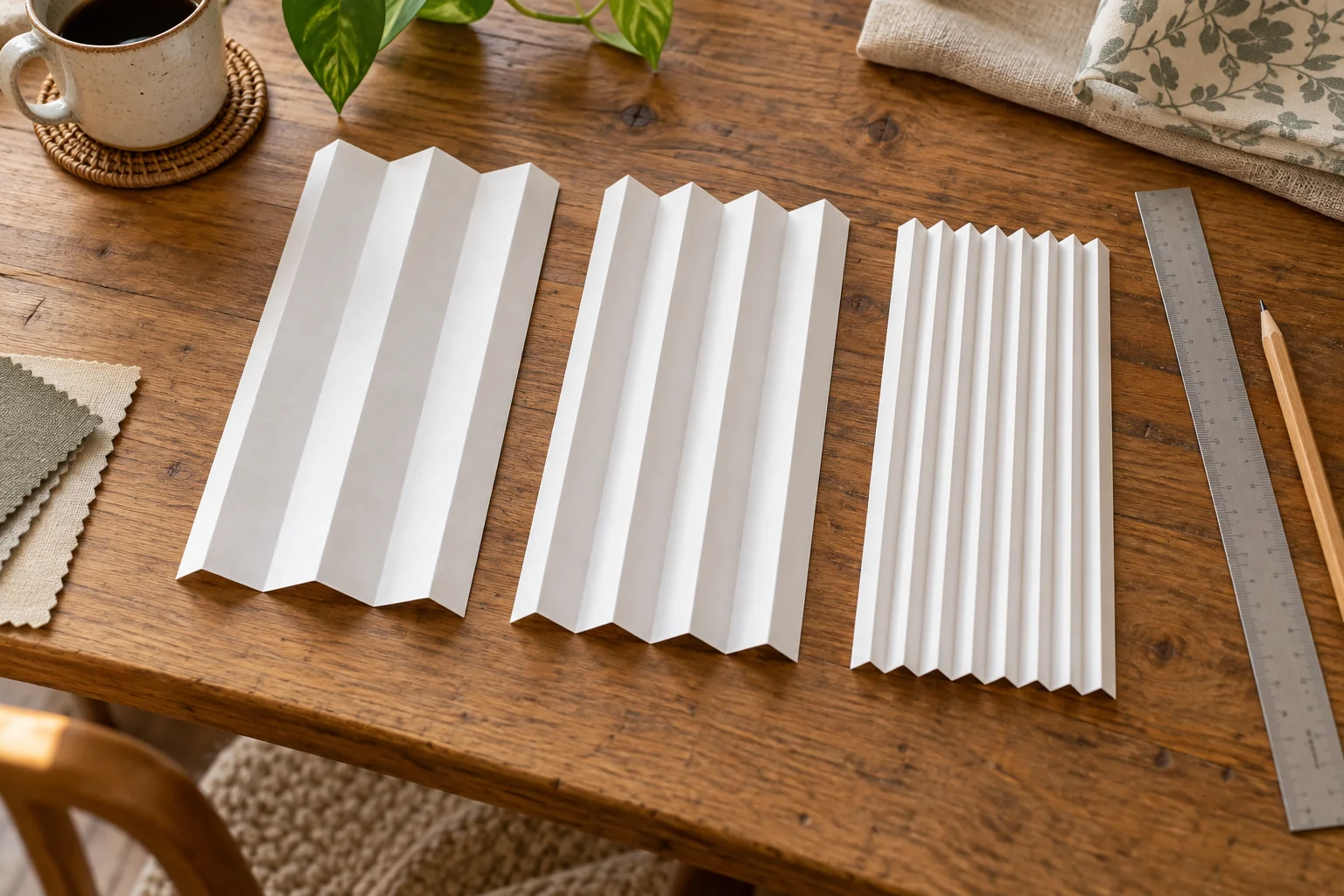 Three pleated paper strips beside a ruler and pencil on a table