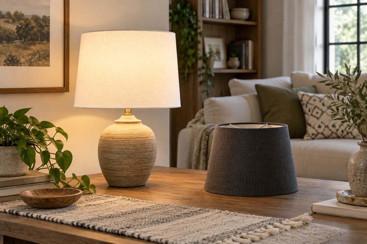 Lit white fabric lampshade beside a separate dark lampshade