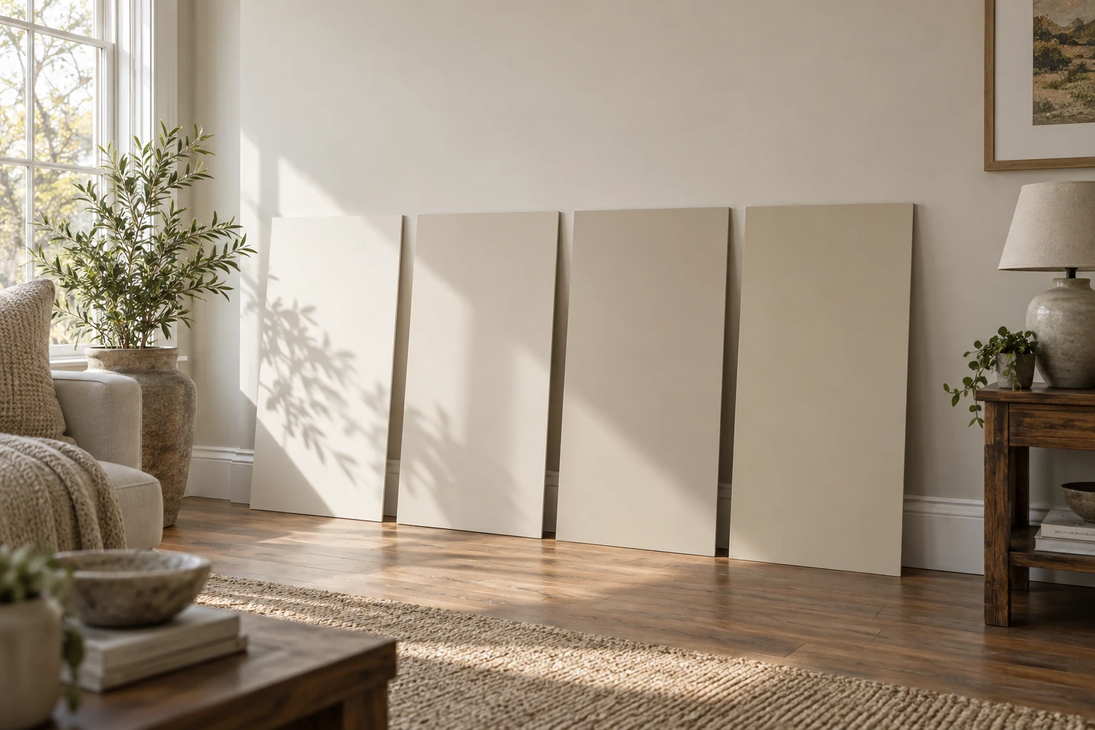 Large neutral paint sample boards beside wood flooring and a sofa in natural window light