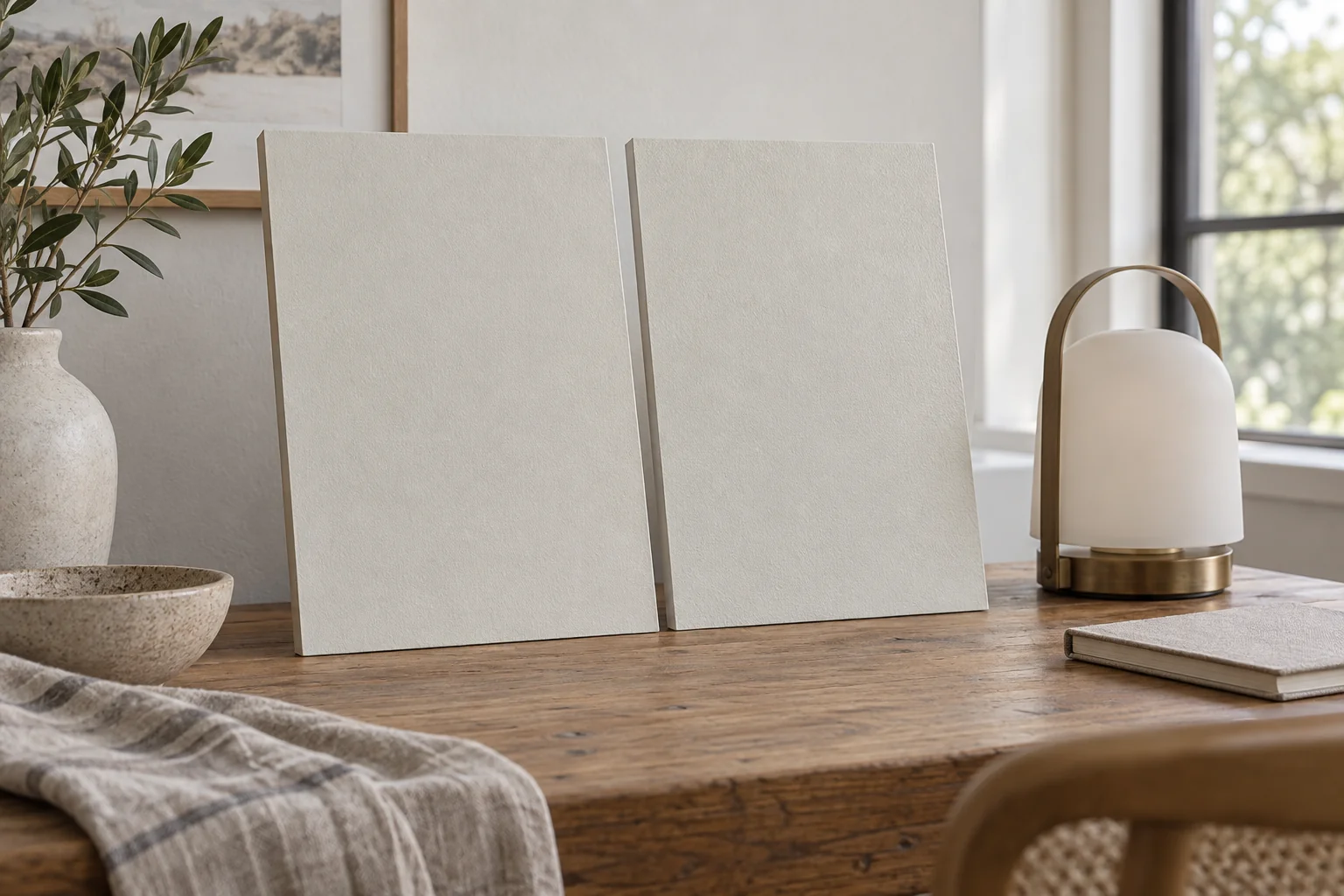 Textured paint sample boards beside a portable lamp and notebook