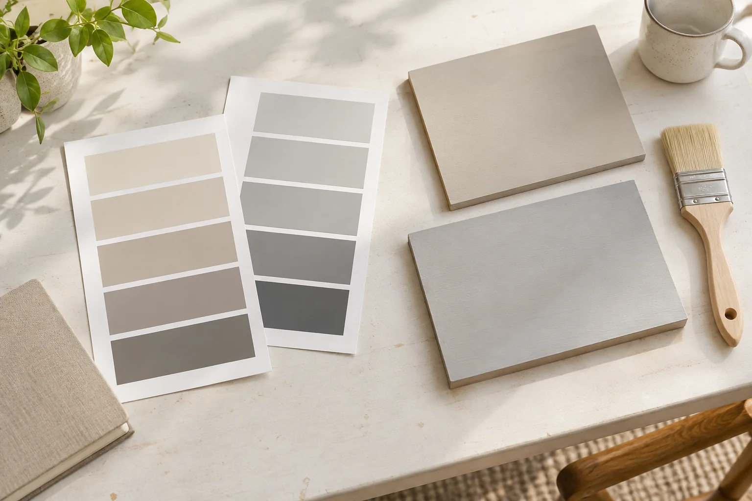 Paint sample sheets and painted boards beside a brush and notebook