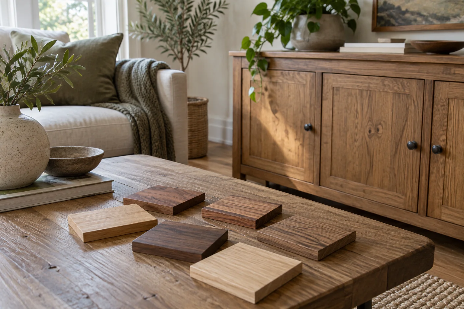 Wood finish samples beside a wooden cabinet in a softly lit room