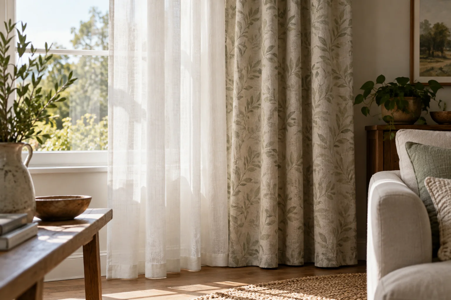 White sheer and leaf-patterned opaque curtain panels hanging beside a sunlit window