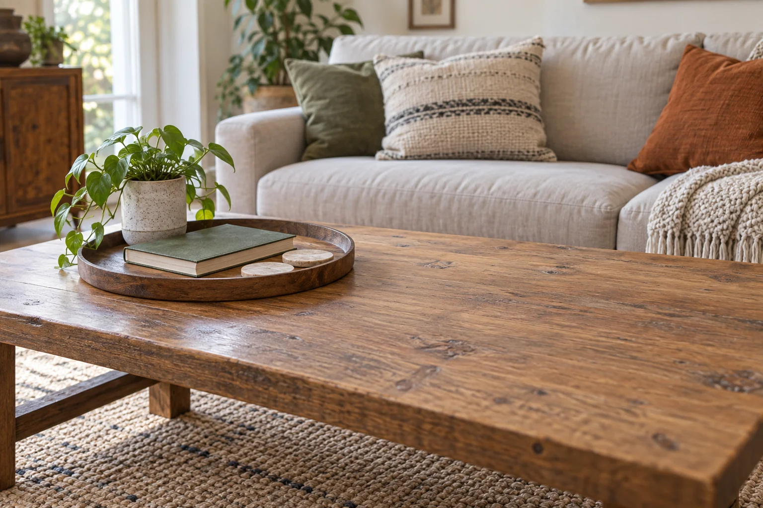 Coffee table with a low tray, one book and two empty coasters