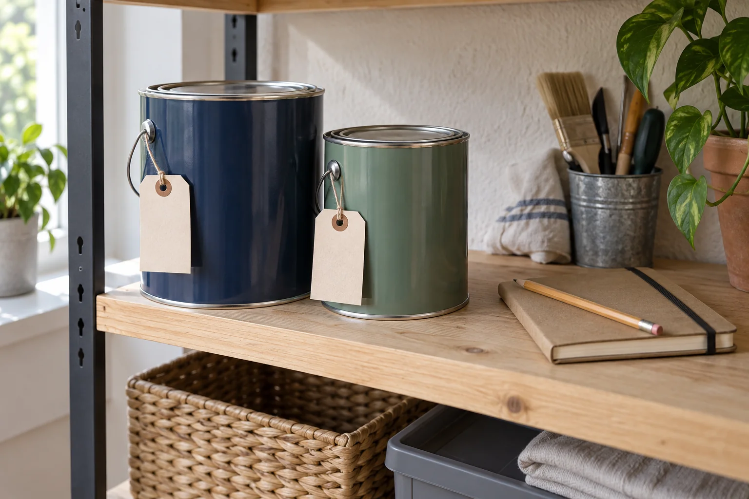 Sealed paint cans with blank paper tags beside a notebook and pencil