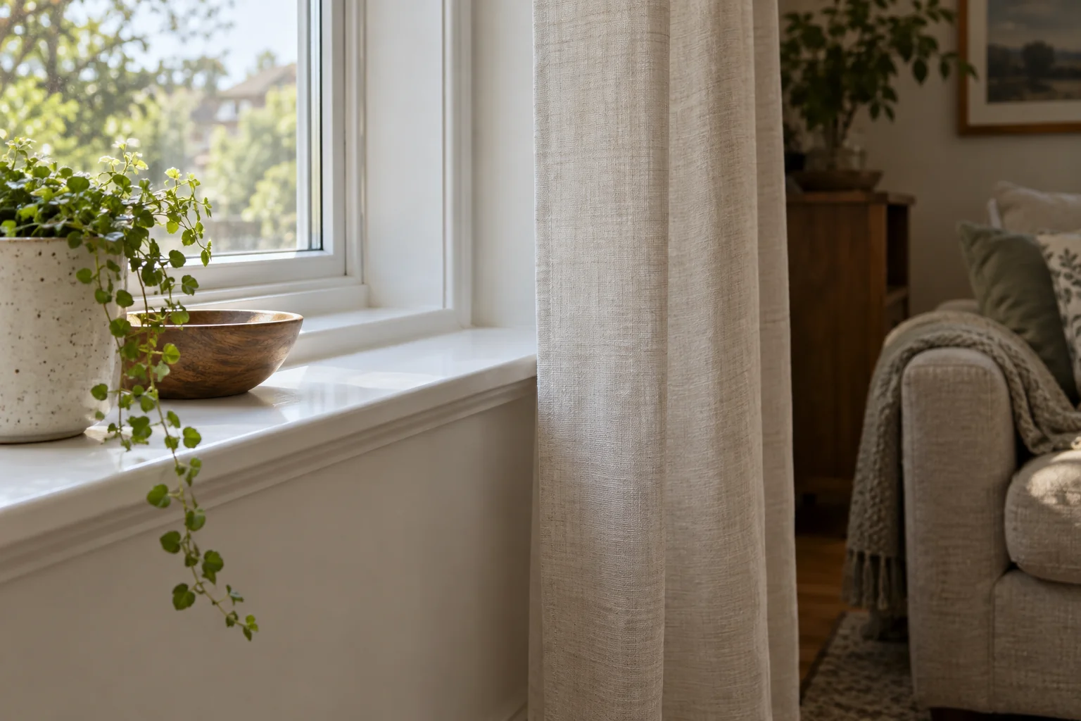 Projecting white window sill beside a hanging linen curtain