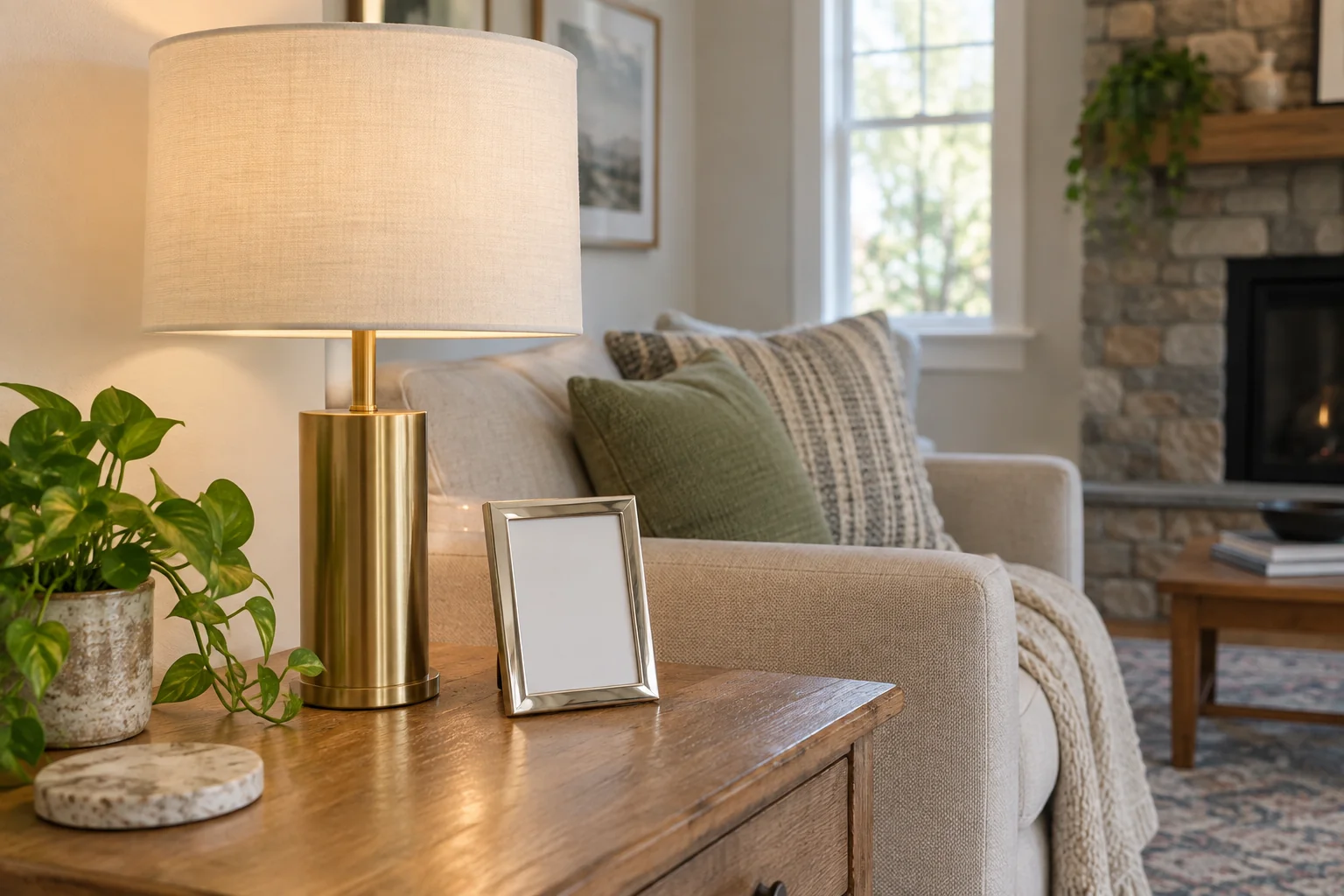 Brushed brass table lamp beside a chrome picture frame on a side table