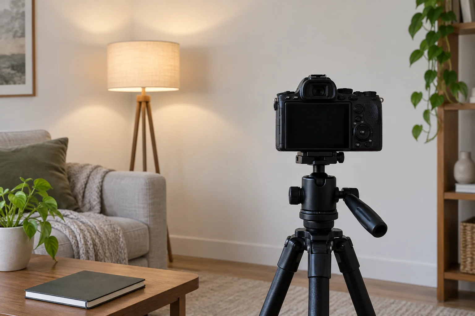 Camera on a tripod facing a living-room lamp and neutral wall