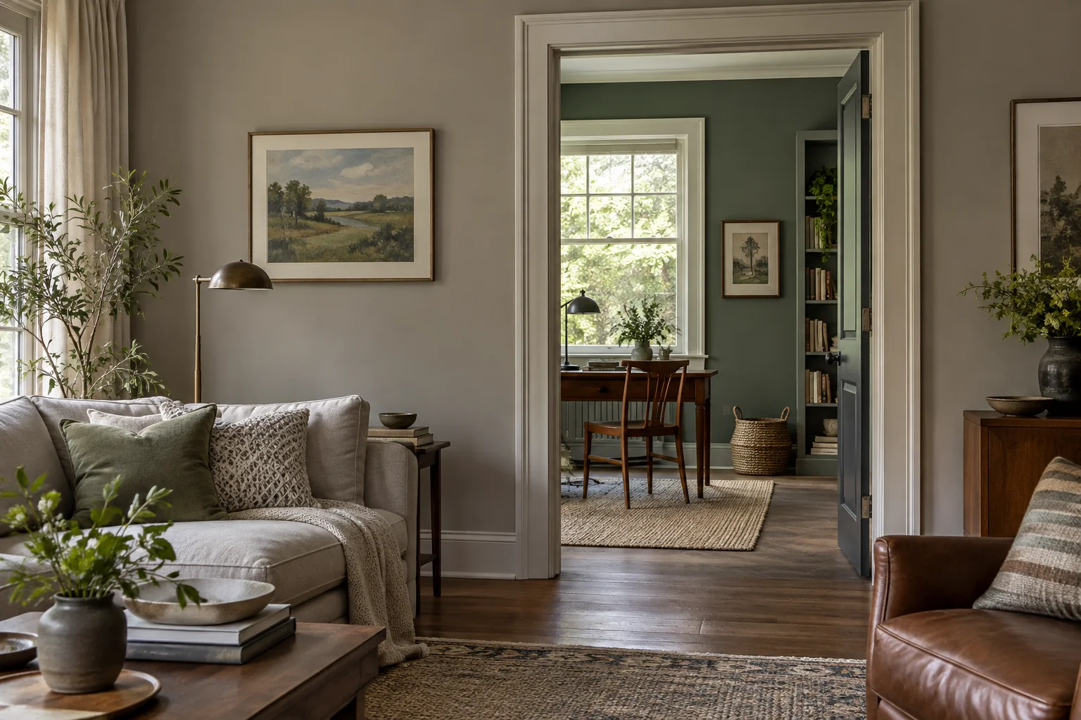 Doorway connecting a warm gray room and a soft green room