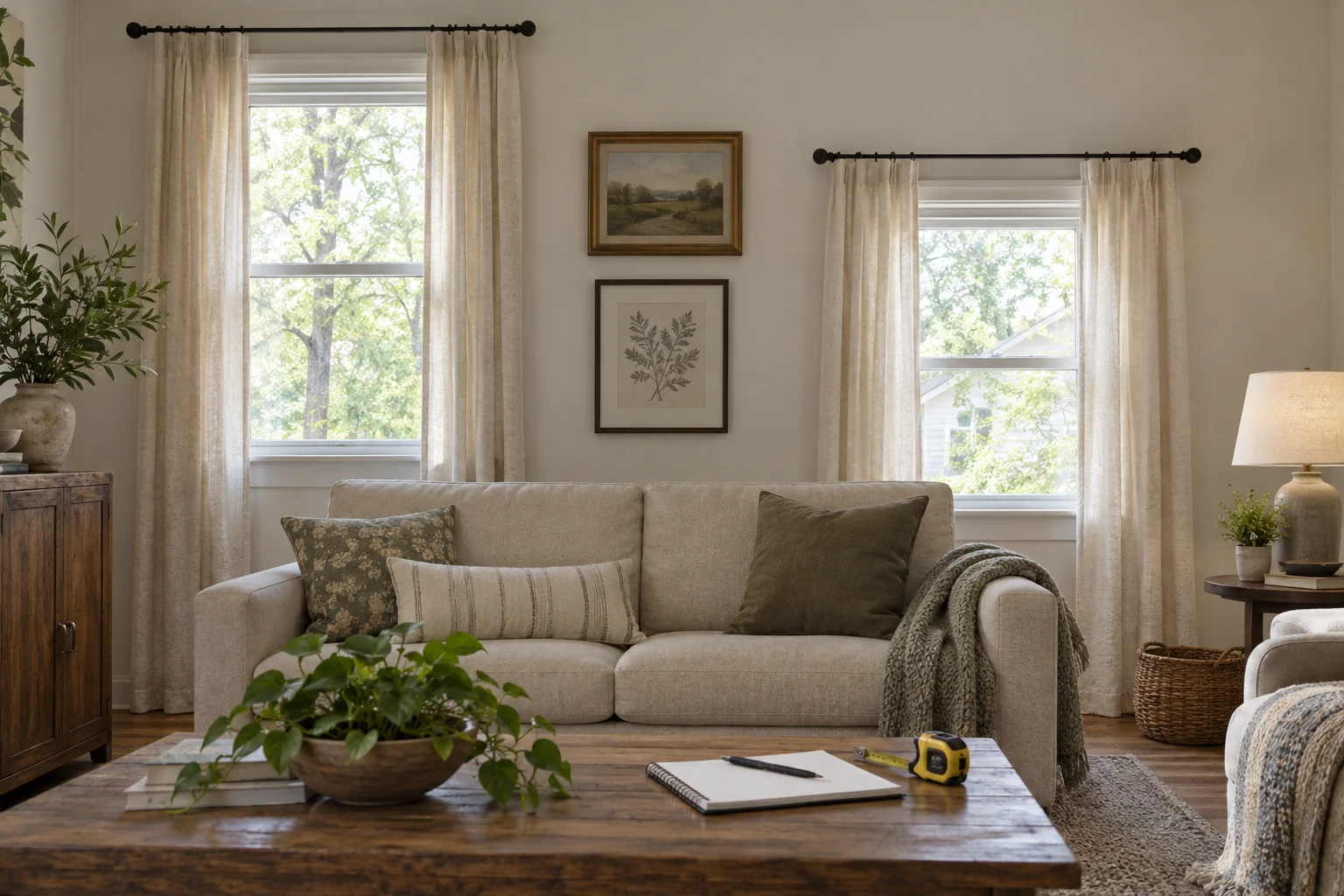 Two windows with different head heights and neutral curtains beside a measuring notebook