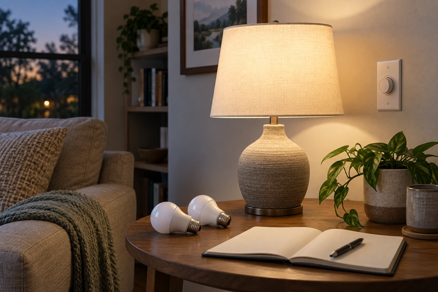 LED bulbs and a plain notebook beside a table lamp and an intact wall dimmer