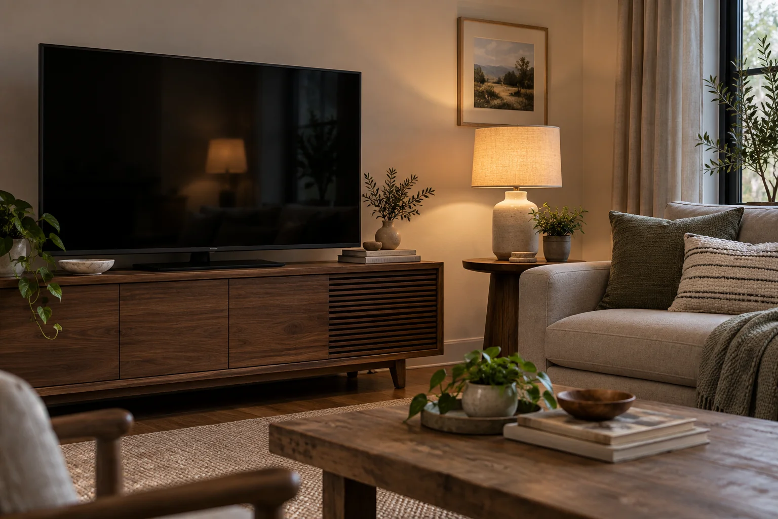 Dark television beside a shaded table lamp in a living room