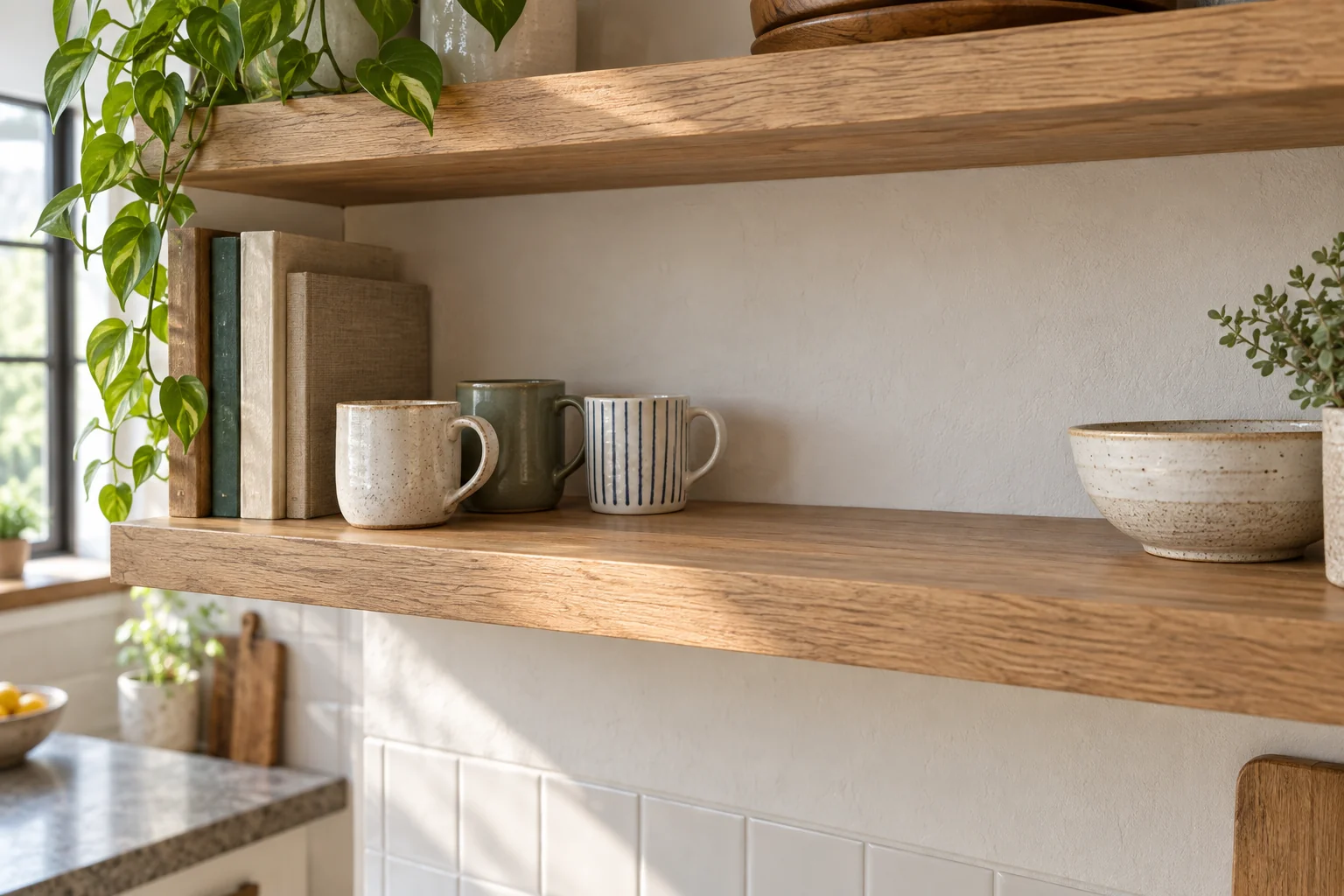 Open wooden shelf with mugs, books and a ceramic bowl
