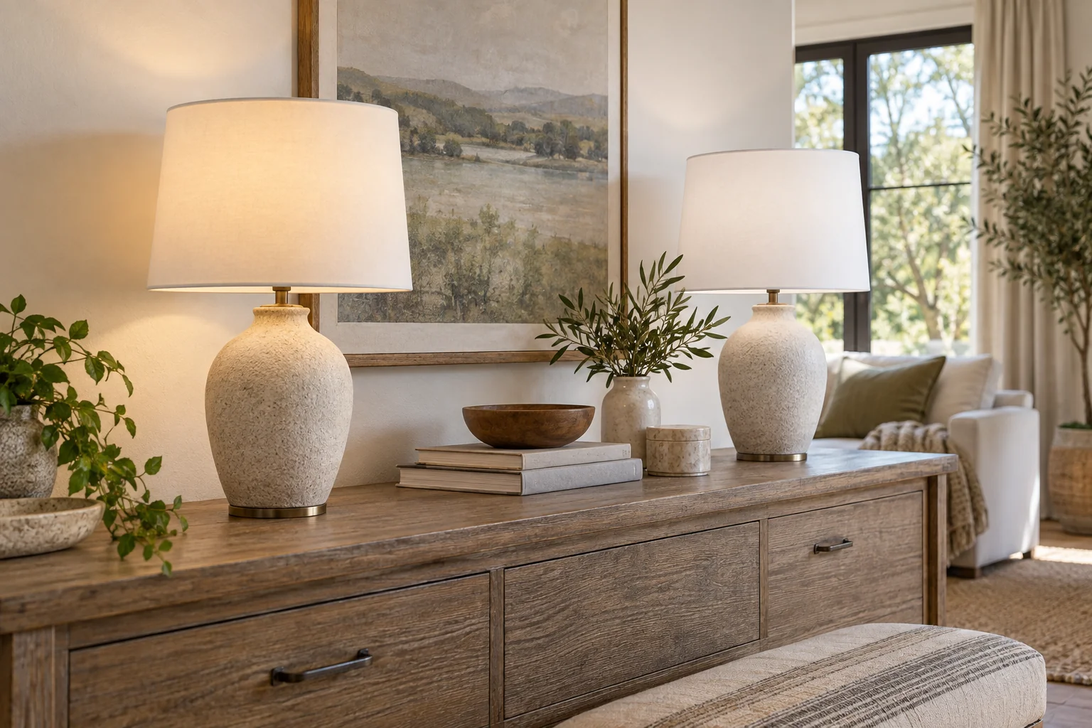 Two white-shaded table lamps with slightly different warm glows